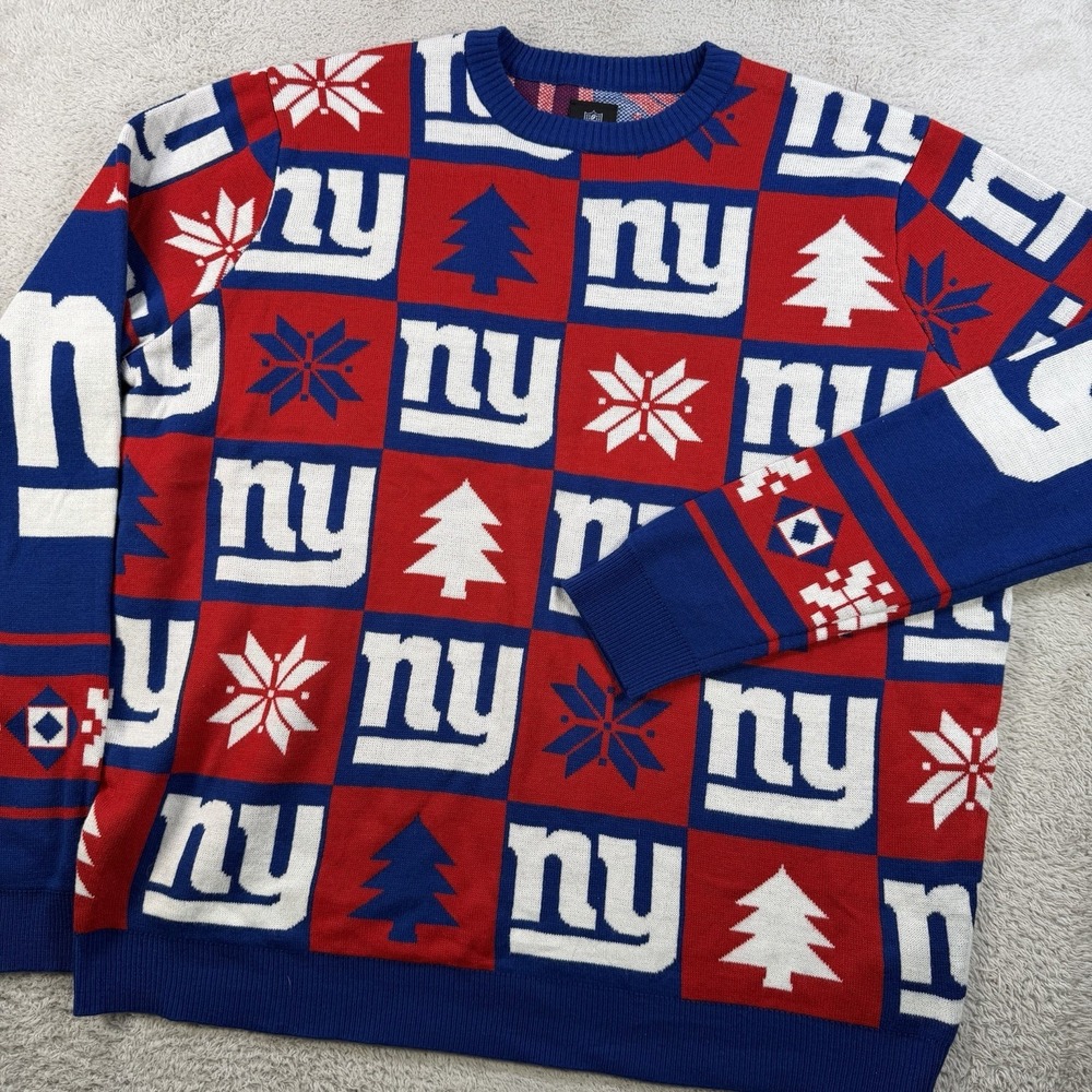 New York Giants Christmas Sweater Mens 2XL Red Blue Logo Ugly NY NFL Pullover